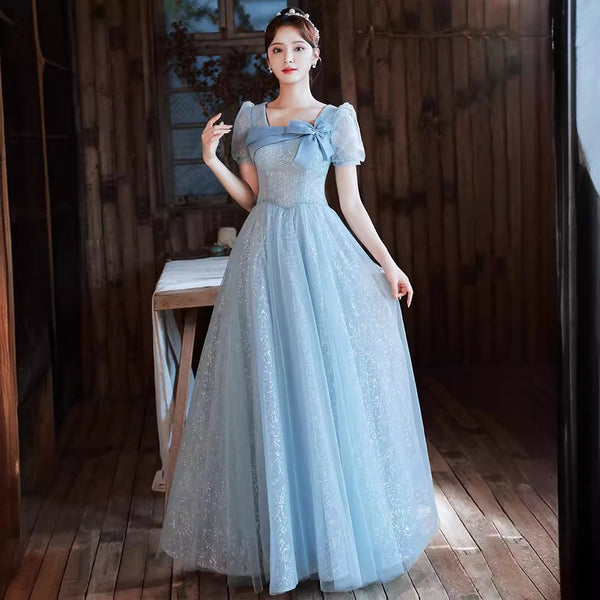 Sky Blue Square Neck Back Zipper Short Puff sleeves Front Bow Bowknot Chic Evening Prom Dresses