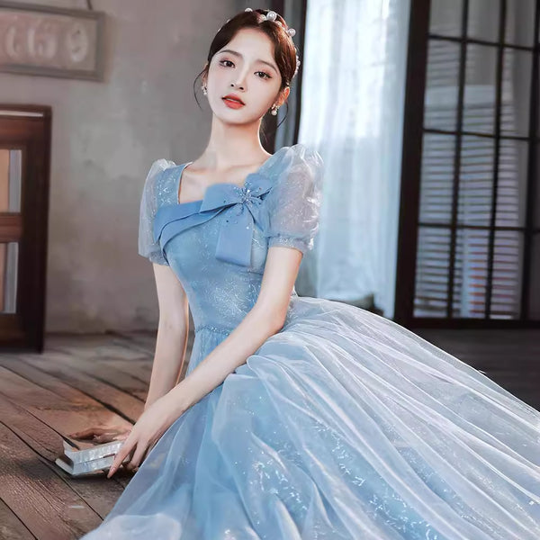 Sky Blue Square Neck Back Zipper Short Puff sleeves Front Bow Bowknot Chic Evening Prom Dresses