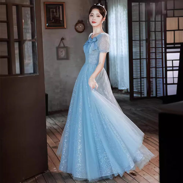 Sky Blue Square Neck Back Zipper Short Puff sleeves Front Bow Bowknot Chic Evening Prom Dresses