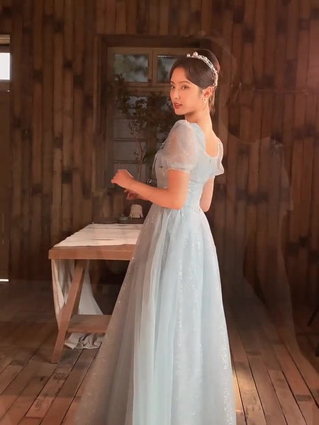 Sky Blue Square Neck Back Zipper Short Puff sleeves Front Bow Bowknot Chic Evening Prom Dresses