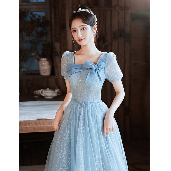 Sky Blue Square Neck Back Zipper Short Puff sleeves Front Bow Bowknot Chic Evening Prom Dresses