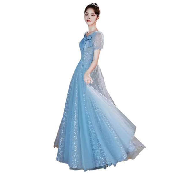 Sky Blue Square Neck Back Zipper Short Puff sleeves Front Bow Bowknot Chic Evening Prom Dresses