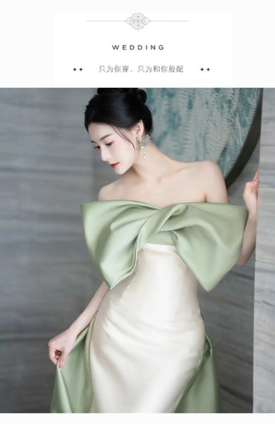 Elegant minimal Off Shoulder Front Bowknot Backless Mermaid Strapless Satin Long Prom Wedding Party Dress