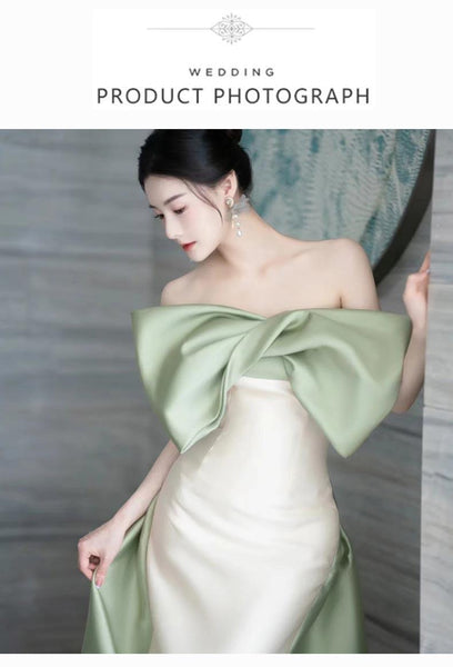 Elegant minimal Off Shoulder Front Bowknot Backless Mermaid Strapless Satin Long Prom Wedding Party Dress