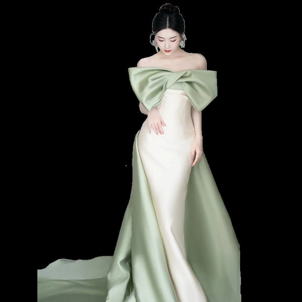 Elegant minimal Off Shoulder Front Bowknot Backless Mermaid Strapless Satin Long Prom Wedding Party Dress