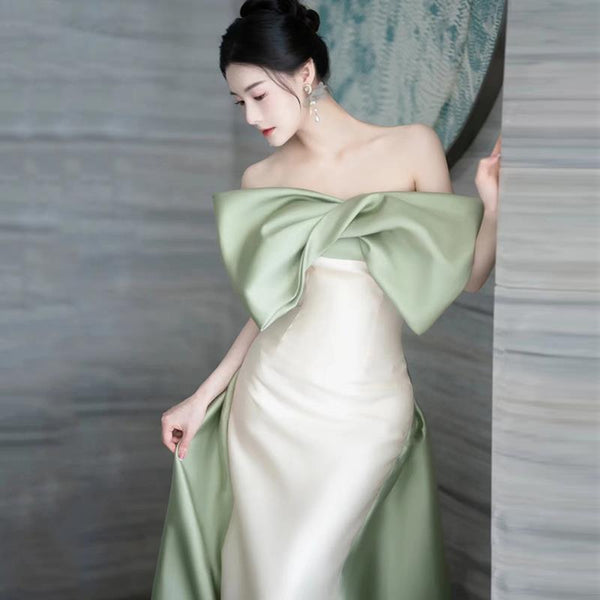 Elegant minimal Off Shoulder Front Bowknot Backless Mermaid Strapless Satin Long Prom Wedding Party Dress