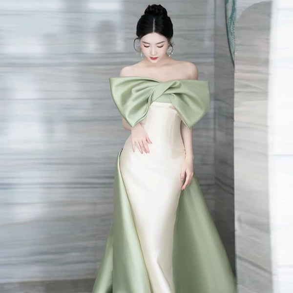 Elegant minimal Off Shoulder Front Bowknot Backless Mermaid Strapless Satin Long Prom Wedding Party Dress
