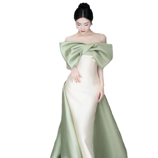 Elegant minimal Off Shoulder Front Bowknot Backless Mermaid Strapless Satin Long Prom Wedding Party Dress