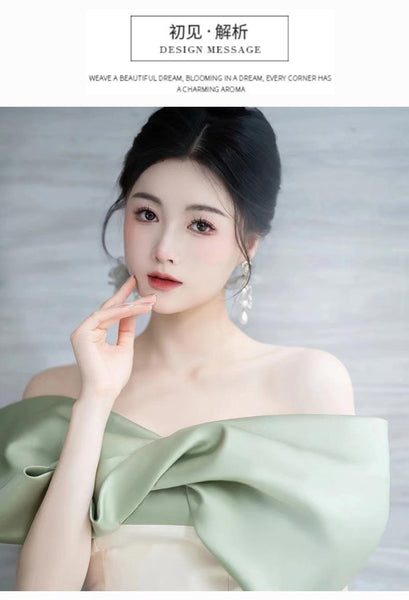Elegant minimal Off Shoulder Front Bowknot Backless Mermaid Strapless Satin Long Prom Wedding Party Dress