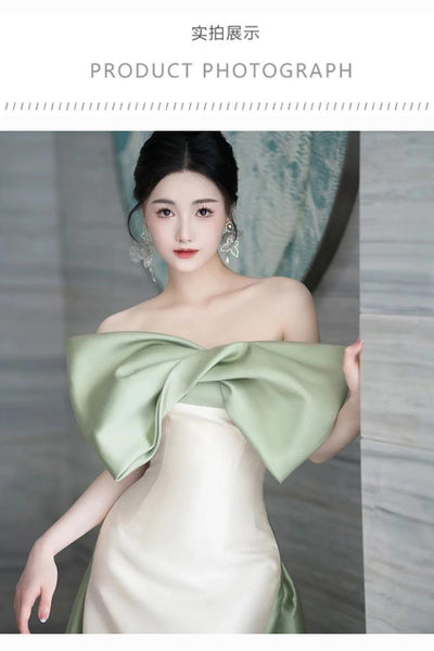 Elegant minimal Off Shoulder Front Bowknot Backless Mermaid Strapless Satin Long Prom Wedding Party Dress