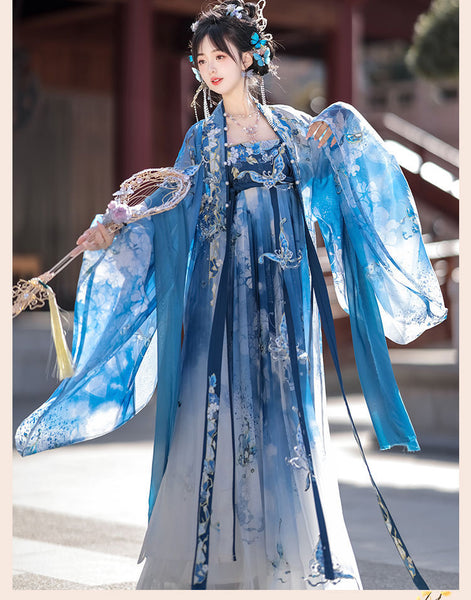 Gorgeous Chinese Traditional Blue Butterfly Print Embroidery Stage Performance Wear Women Dress