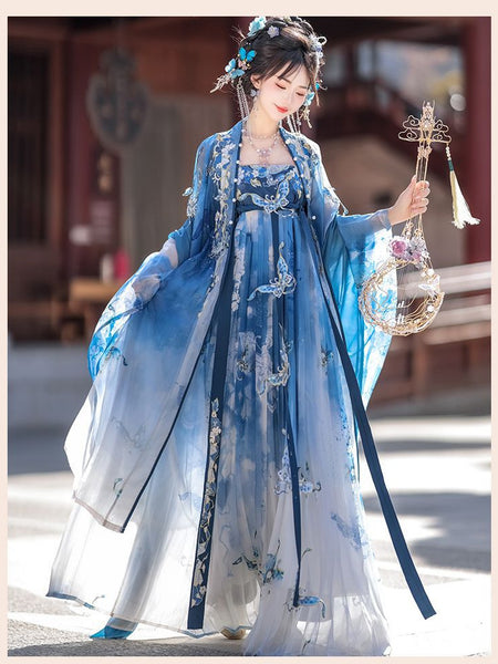 Gorgeous Chinese Traditional Blue Butterfly Print Embroidery Stage Performance Wear Women Dress