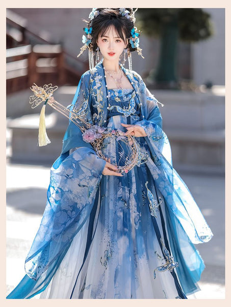 Gorgeous Chinese Traditional Blue Butterfly Print Embroidery Stage Performance Wear Women Dress