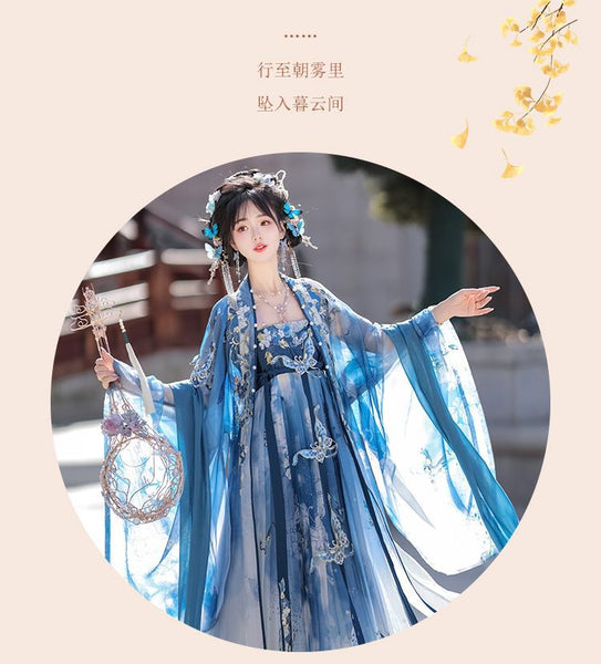 Gorgeous Chinese Traditional Blue Butterfly Print Embroidery Stage Performance Wear Women Dress