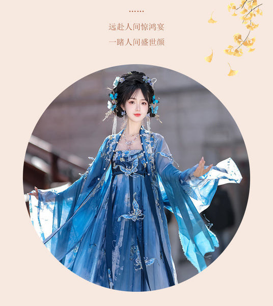 Gorgeous Chinese Traditional Blue Butterfly Print Embroidery Stage Performance Wear Women Dress