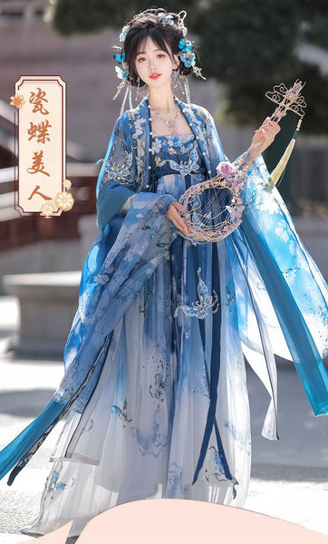 Gorgeous Chinese Traditional Blue Butterfly Print Embroidery Stage Performance Wear Women Dress
