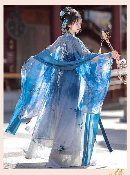 Gorgeous Chinese Traditional Blue Butterfly Print Embroidery Stage Performance Wear Women Dress