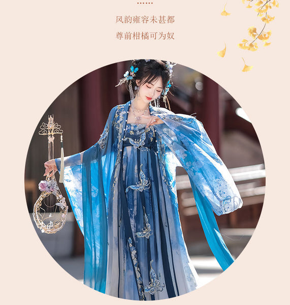 Gorgeous Chinese Traditional Blue Butterfly Print Embroidery Stage Performance Wear Women Dress