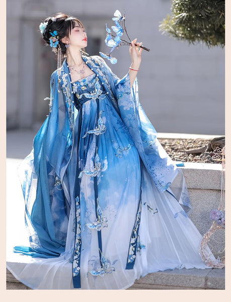 Gorgeous Chinese Traditional Blue Butterfly Print Embroidery Stage Performance Wear Women Dress