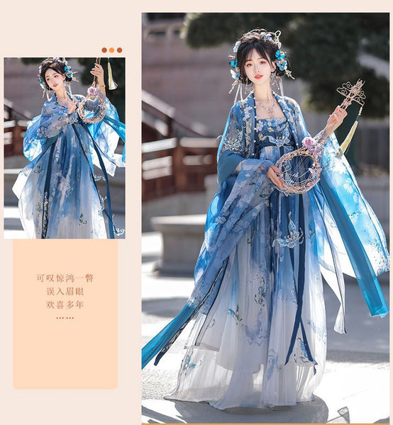 Gorgeous Chinese Traditional Blue Butterfly Print Embroidery Stage Performance Wear Women Dress