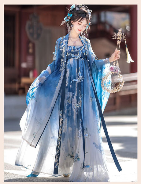Gorgeous Chinese Traditional Blue Butterfly Print Embroidery Stage Performance Wear Women Dress
