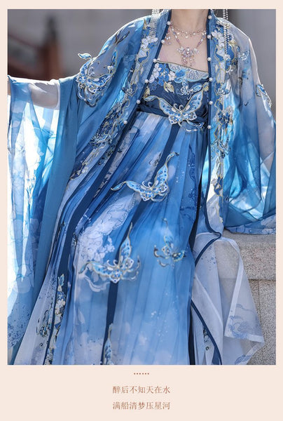 Gorgeous Chinese Traditional Blue Butterfly Print Embroidery Stage Performance Wear Women Dress