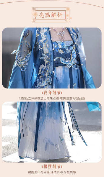 Gorgeous Chinese Traditional Blue Butterfly Print Embroidery Stage Performance Wear Women Dress