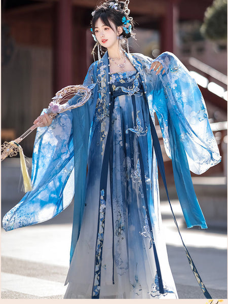 Gorgeous Chinese Traditional Blue Butterfly Print Embroidery Stage Performance Wear Women Dress