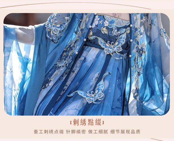Gorgeous Chinese Traditional Blue Butterfly Print Embroidery Stage Performance Wear Women Dress