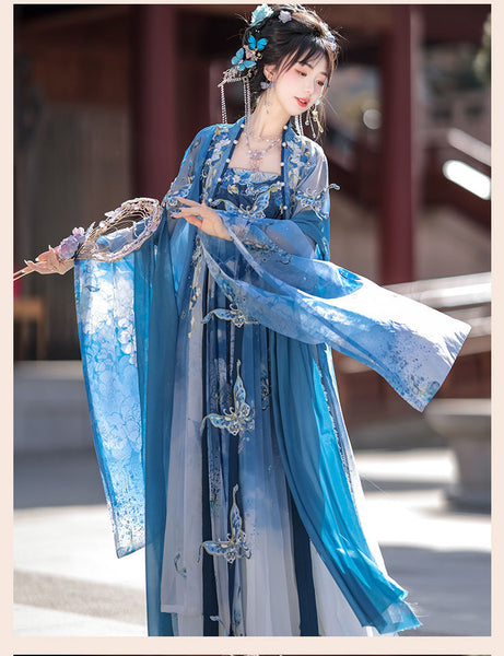 Gorgeous Chinese Traditional Blue Butterfly Print Embroidery Stage Performance Wear Women Dress