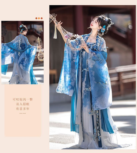 Gorgeous Chinese Traditional Blue Butterfly Print Embroidery Stage Performance Wear Women Dress