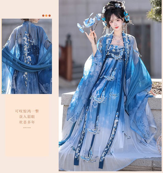 Gorgeous Chinese Traditional Blue Butterfly Print Embroidery Stage Performance Wear Women Dress