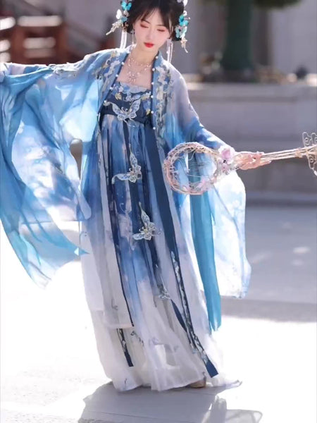 Gorgeous Chinese Traditional Blue Butterfly Print Embroidery Stage Performance Wear Women Dress