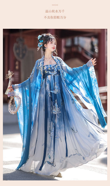 Gorgeous Chinese Traditional Blue Butterfly Print Embroidery Stage Performance Wear Women Dress