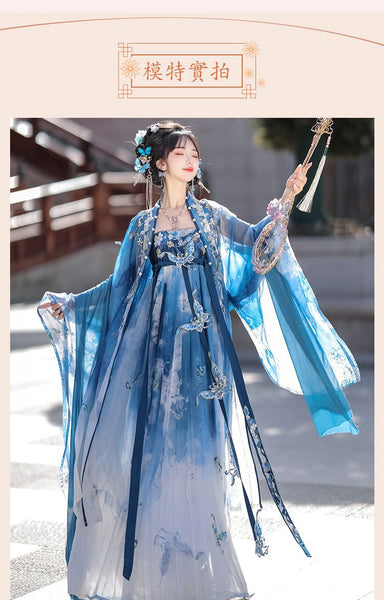 Gorgeous Chinese Traditional Blue Butterfly Print Embroidery Stage Performance Wear Women Dress