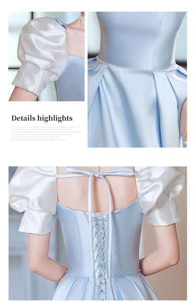French Design Temperament High End Luxury Blue Square Neck Puff Sleeve Pleats Evening Princess A-line Bridesmaid Dress