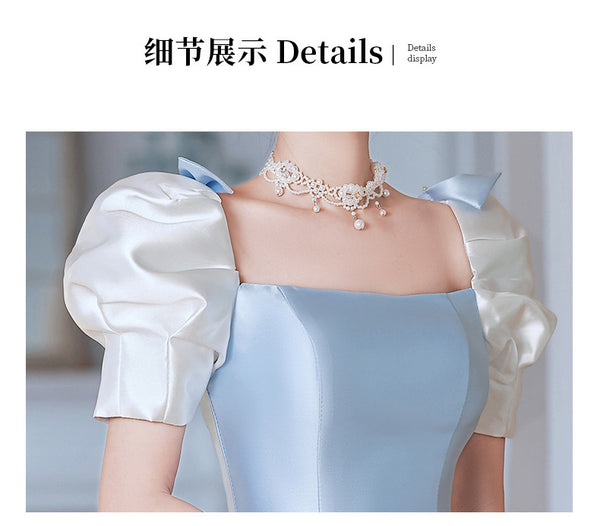 French Design Temperament High End Luxury Blue Square Neck Puff Sleeve Pleats Evening Princess A-line Bridesmaid Dress