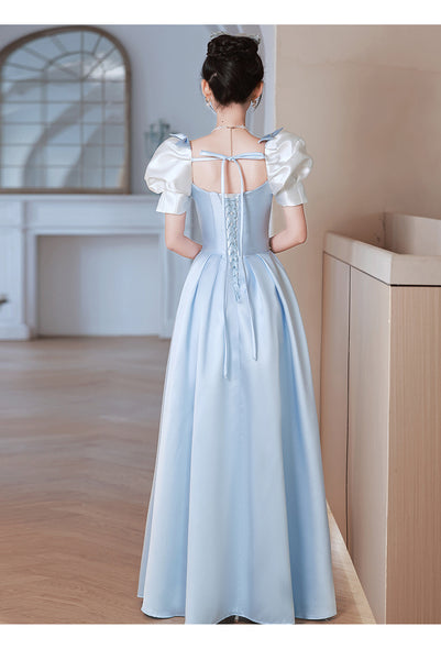 French Design Temperament High End Luxury Blue Square Neck Puff Sleeve Pleats Evening Princess A-line Bridesmaid Dress