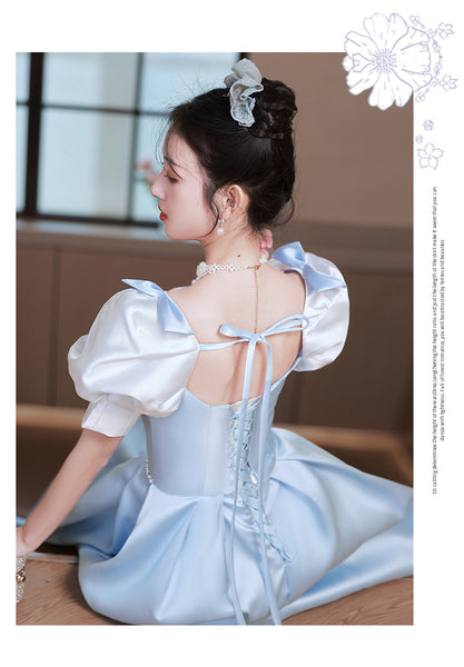 French Design Temperament High End Luxury Blue Square Neck Puff Sleeve Pleats Evening Princess A-line Bridesmaid Dress