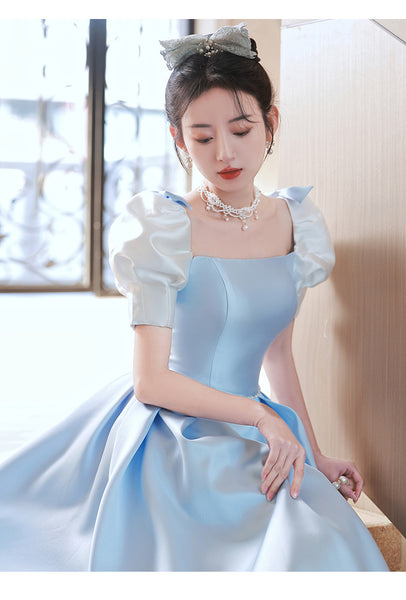 French Design Temperament High End Luxury Blue Square Neck Puff Sleeve Pleats Evening Princess A-line Bridesmaid Dress