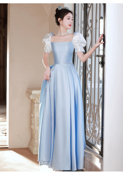 French Design Temperament High End Luxury Blue Square Neck Puff Sleeve Pleats Evening Princess A-line Bridesmaid Dress
