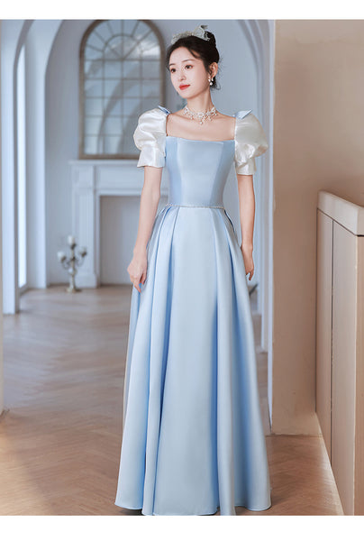 French Design Temperament High End Luxury Blue Square Neck Puff Sleeve Pleats Evening Princess A-line Bridesmaid Dress