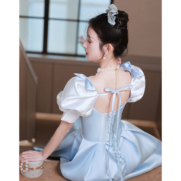 French Design Temperament High End Luxury Blue Square Neck Puff Sleeve Pleats Evening Princess A-line Bridesmaid Dress