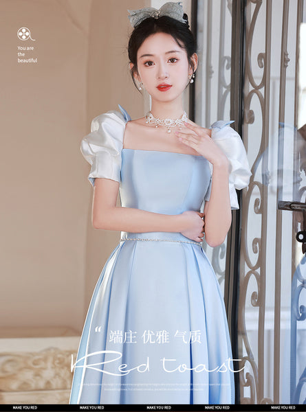 French Design Temperament High End Luxury Blue Square Neck Puff Sleeve Pleats Evening Princess A-line Bridesmaid Dress