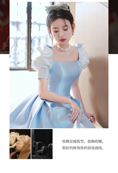 French Design Temperament High End Luxury Blue Square Neck Puff Sleeve Pleats Evening Princess A-line Bridesmaid Dress