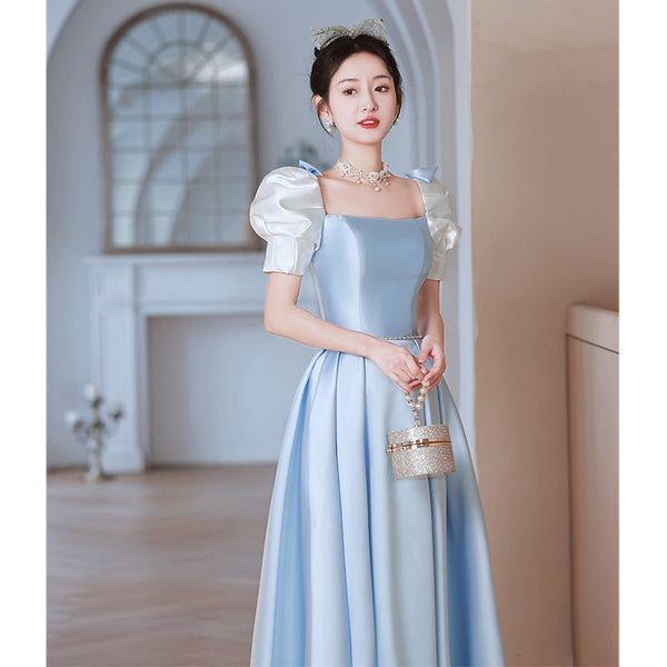 French Design Temperament High End Luxury Blue Square Neck Puff Sleeve Pleats Evening Princess A-line Bridesmaid Dress
