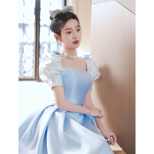 French Design Temperament High End Luxury Blue Square Neck Puff Sleeve Pleats Evening Princess A-line Bridesmaid Dress