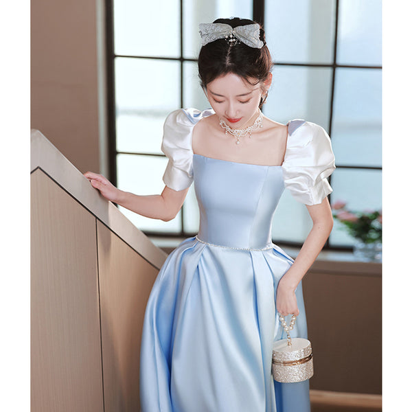 French Design Temperament High End Luxury Blue Square Neck Puff Sleeve Pleats Evening Princess A-line Bridesmaid Dress