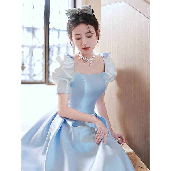 French Design Temperament High End Luxury Blue Square Neck Puff Sleeve Pleats Evening Princess A-line Bridesmaid Dress