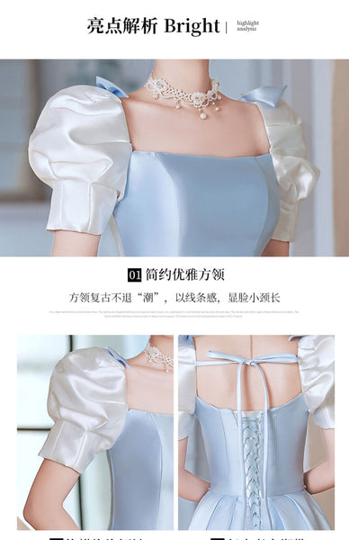 French Design Temperament High End Luxury Blue Square Neck Puff Sleeve Pleats Evening Princess A-line Bridesmaid Dress